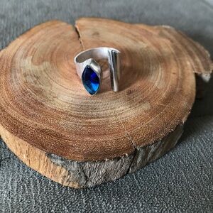 Open silver ring with Blue glass fill, beautiful!